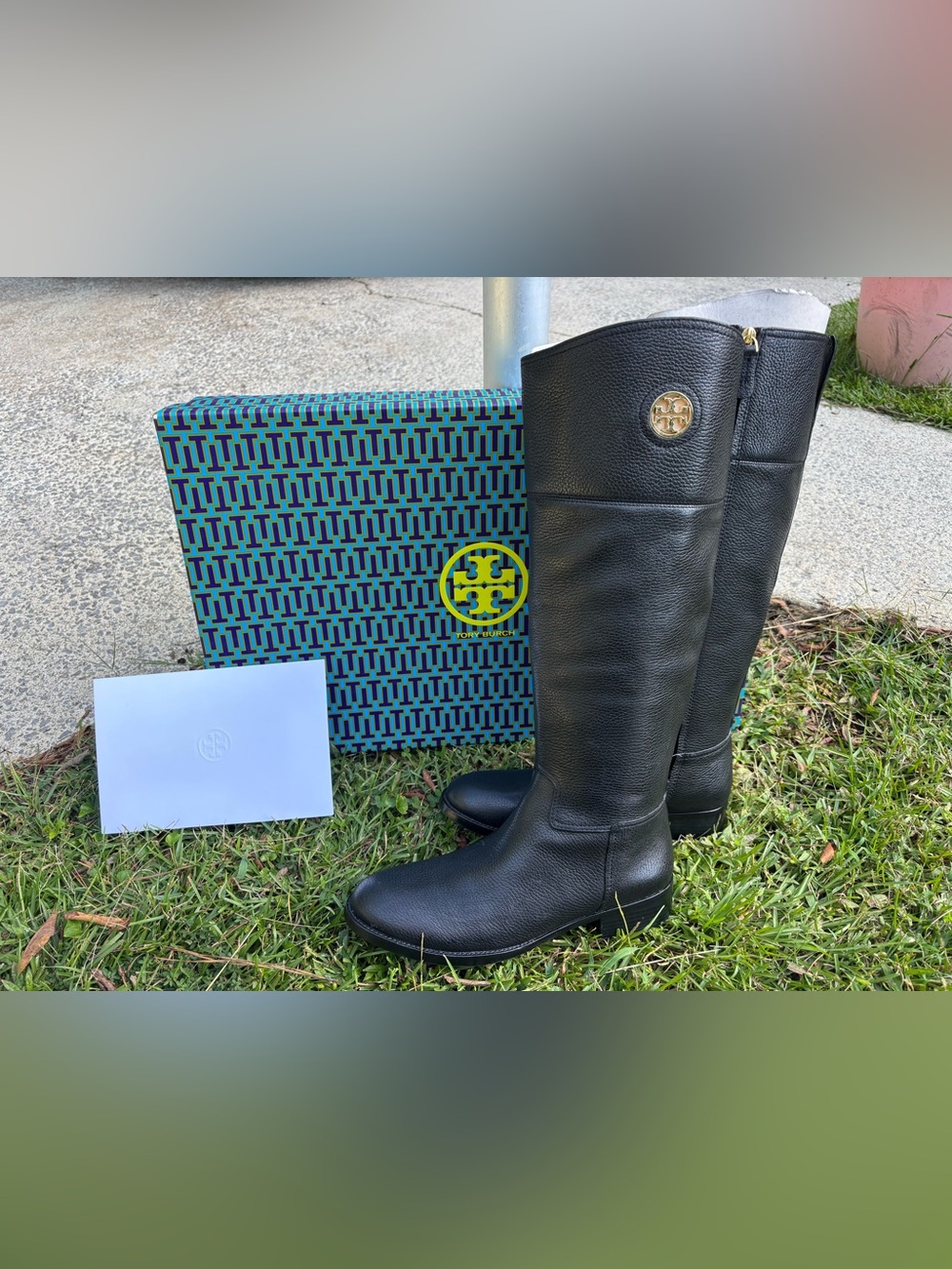 Tory Burch Junction Black Pebbled Leather Over-the-Knee Boots with Gold Logo 9.5